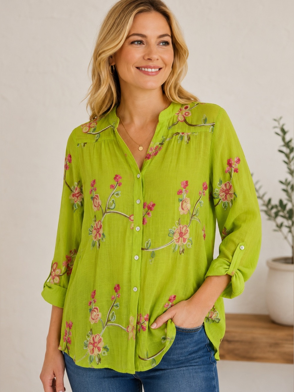 fig and flower Lime Green Floral Embroidered Button-Down Shirt Size L